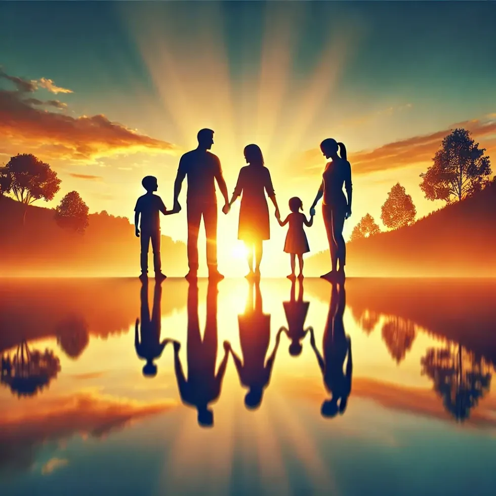 Happy family standing in the sunset and protected by term life insurance near you in Apache Junction, AZ.